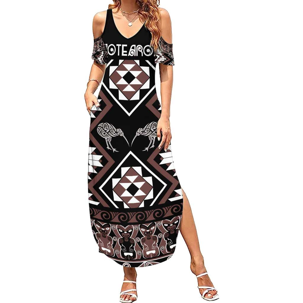 Personalised Taniko Motifs Aotearoa Summer Maxi Dress Waitangi Kowhaiwhai Kiwi - Mocha