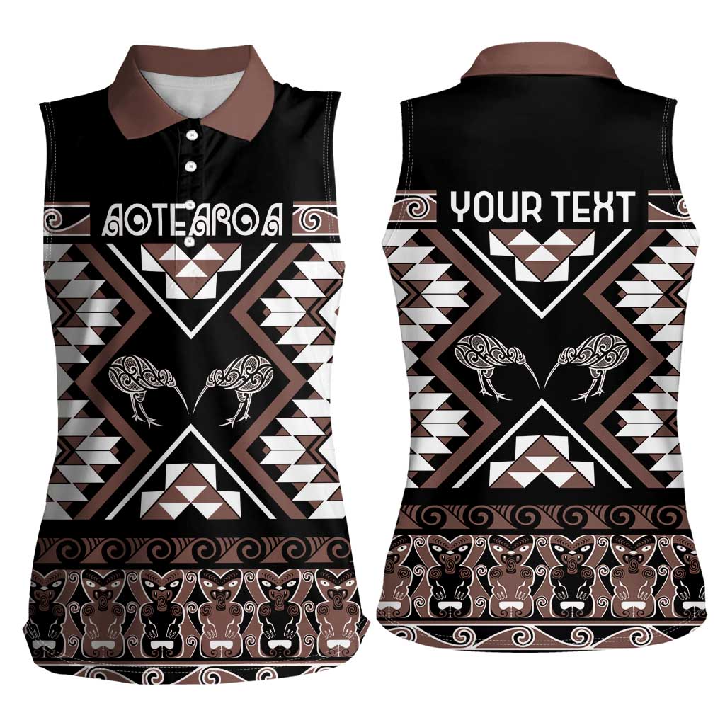 Personalised Taniko Motifs Aotearoa Women Sleeveless Polo Shirt Waitangi Kowhaiwhai Kiwi - Mocha LT7 - Polynesian Pride