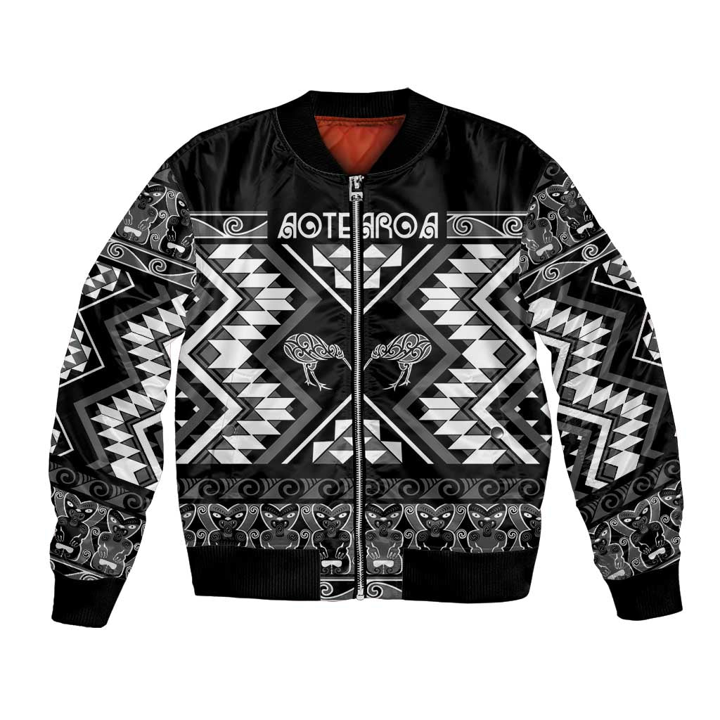 Personalised Taniko Motifs Aotearoa Bomber Jacket Waitangi Kowhaiwhai Kiwi - Monochrome