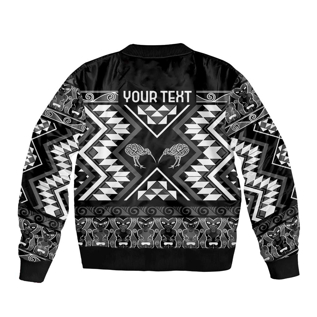 Personalised Taniko Motifs Aotearoa Bomber Jacket Waitangi Kowhaiwhai Kiwi - Monochrome LT7 - Polynesian Pride