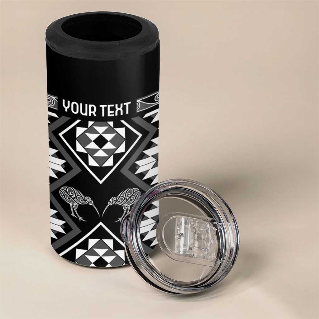 Personalised Taniko Motifs Aotearoa 4 in 1 Can Cooler Tumbler Waitangi Kowhaiwhai Kiwi - Monochrome