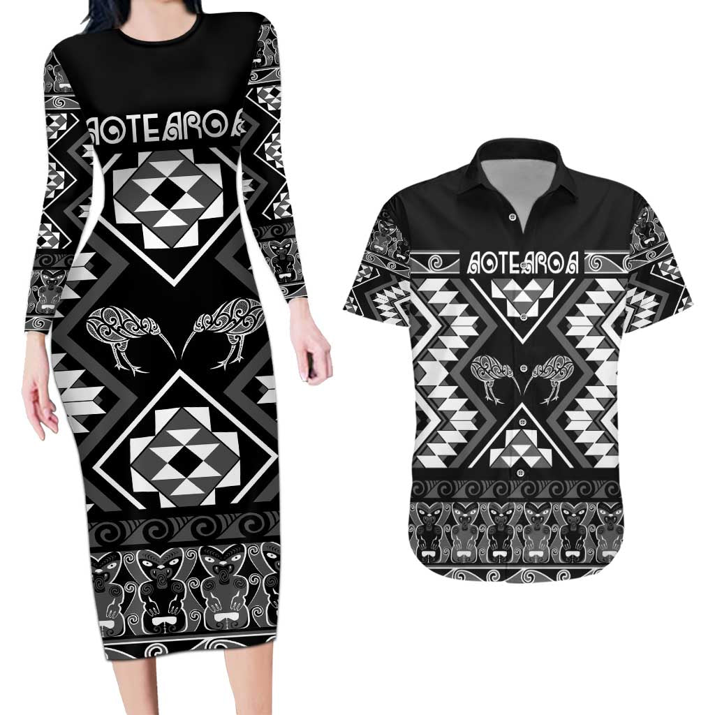 Personalised Taniko Motifs Aotearoa Couples Matching Long Sleeve Bodycon Dress and Hawaiian Shirt Waitangi Kowhaiwhai Kiwi - Monochrome