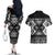 Personalised Taniko Motifs Aotearoa Couples Matching Off The Shoulder Long Sleeve Dress and Hawaiian Shirt Waitangi Kowhaiwhai Kiwi - Monochrome