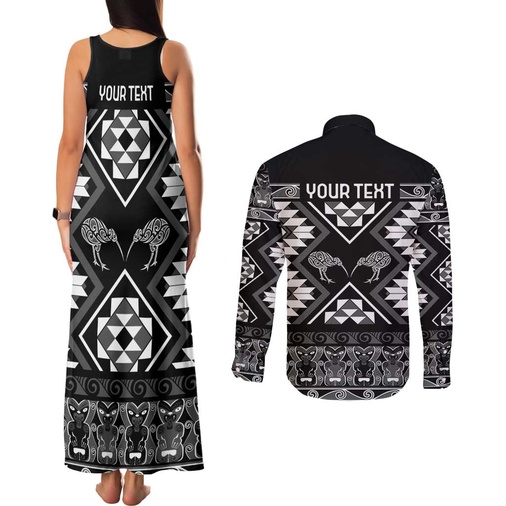 Personalised Taniko Motifs Aotearoa Couples Matching Tank Maxi Dress and Long Sleeve Button Shirt Waitangi Kowhaiwhai Kiwi - Monochrome