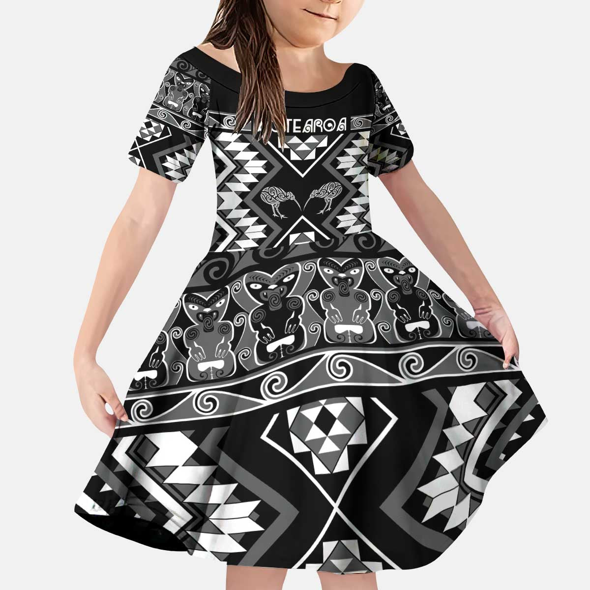 Personalised Taniko Motifs Aotearoa Kid Short Sleeve Dress Waitangi Kowhaiwhai Kiwi - Monochrome