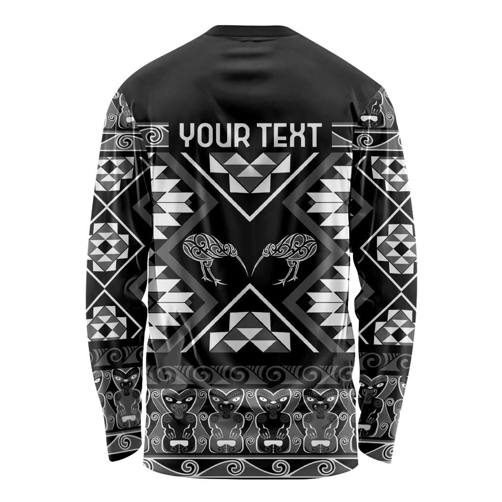 Personalised Taniko Motifs Aotearoa Long Sleeve Shirt Waitangi Kowhaiwhai Kiwi - Monochrome