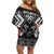 Personalised Taniko Motifs Aotearoa Off Shoulder Short Dress Waitangi Kowhaiwhai Kiwi - Monochrome