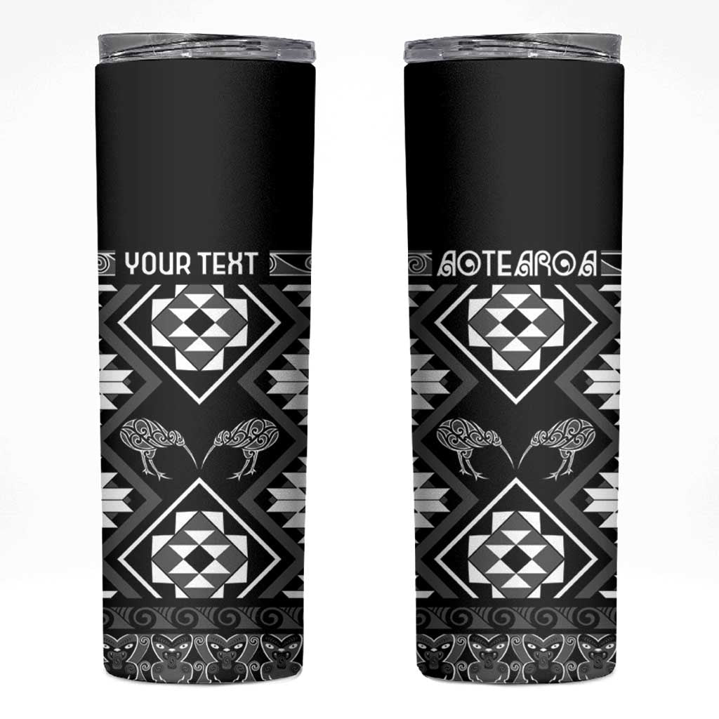 Personalised Taniko Motifs Aotearoa Skinny Tumbler Waitangi Kowhaiwhai Kiwi - Monochrome LT7 Grey - Polynesian Pride