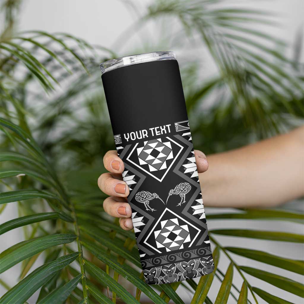 Personalised Taniko Motifs Aotearoa Skinny Tumbler Waitangi Kowhaiwhai Kiwi - Monochrome LT7 - Polynesian Pride