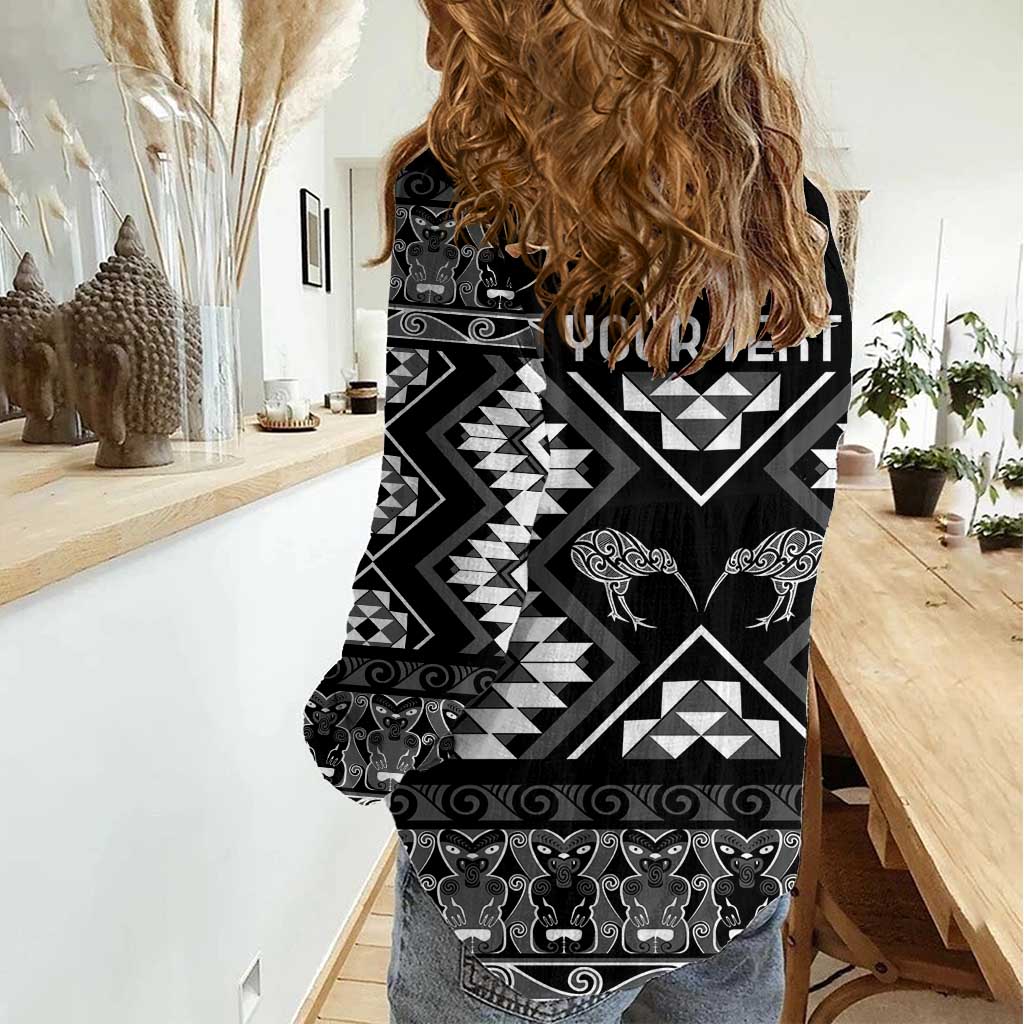 Personalised Taniko Motifs Aotearoa Women Casual Shirt Waitangi Kowhaiwhai Kiwi - Monochrome LT7 - Polynesian Pride