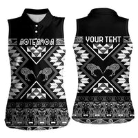 Personalised Taniko Motifs Aotearoa Women Sleeveless Polo Shirt Waitangi Kowhaiwhai Kiwi - Monochrome LT7 - Polynesian Pride