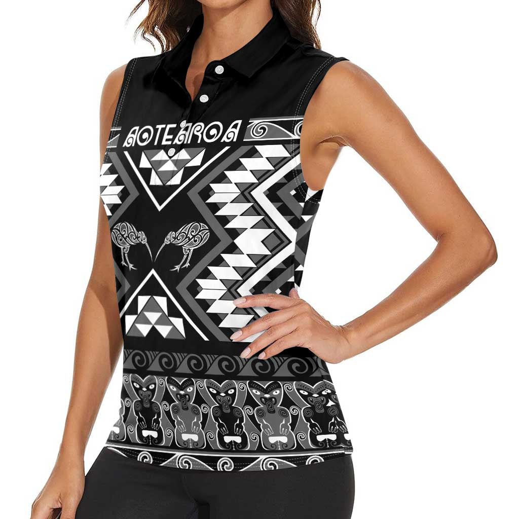 Personalised Taniko Motifs Aotearoa Women Sleeveless Polo Shirt Waitangi Kowhaiwhai Kiwi - Monochrome LT7 - Polynesian Pride