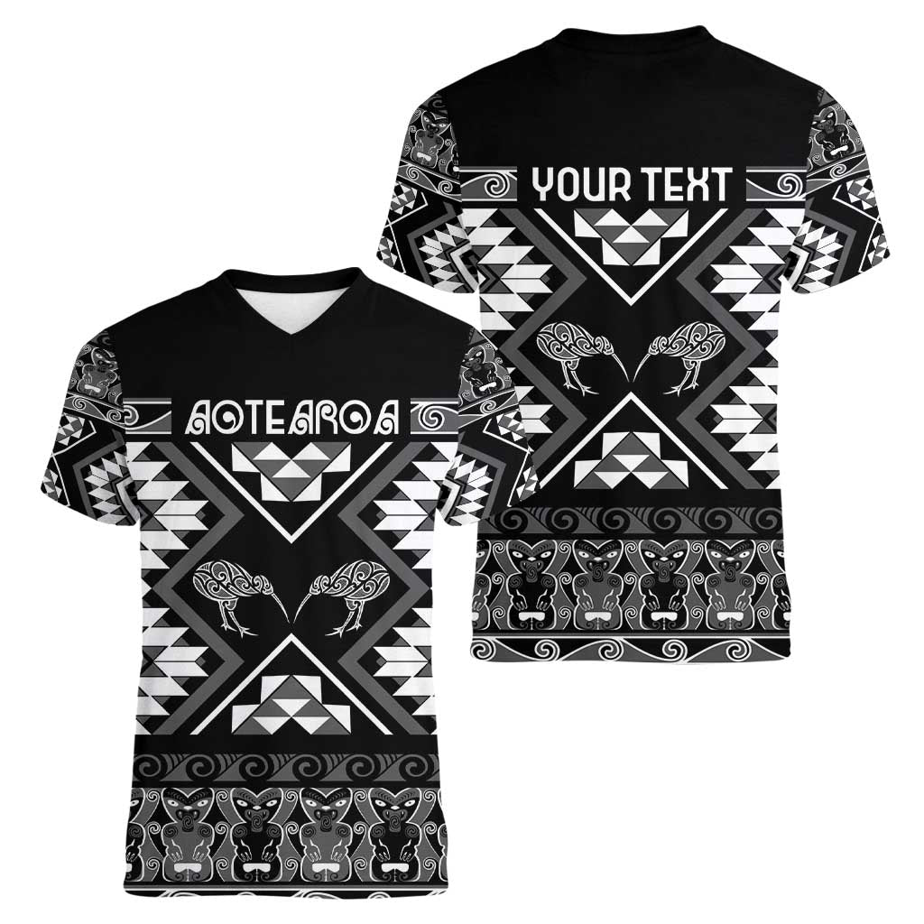 Personalised Taniko Motifs Aotearoa Women V-Neck T-Shirt Waitangi Kowhaiwhai Kiwi - Monochrome LT7 - Polynesian Pride