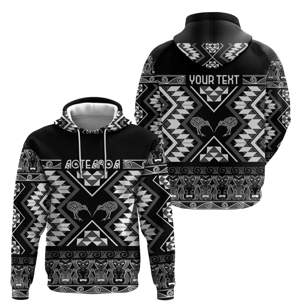 Personalised Taniko Motifs Aotearoa Zip Hoodie Waitangi Kowhaiwhai Kiwi - Monochrome