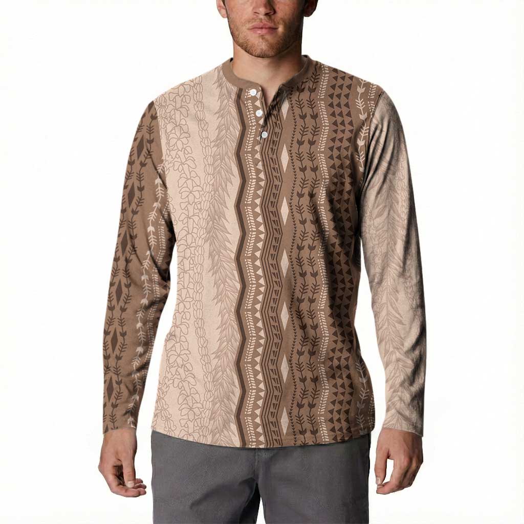 Vintage Beige Hawaiian Traditional Kapa Mix Flowers Lei Button Sweatshirt