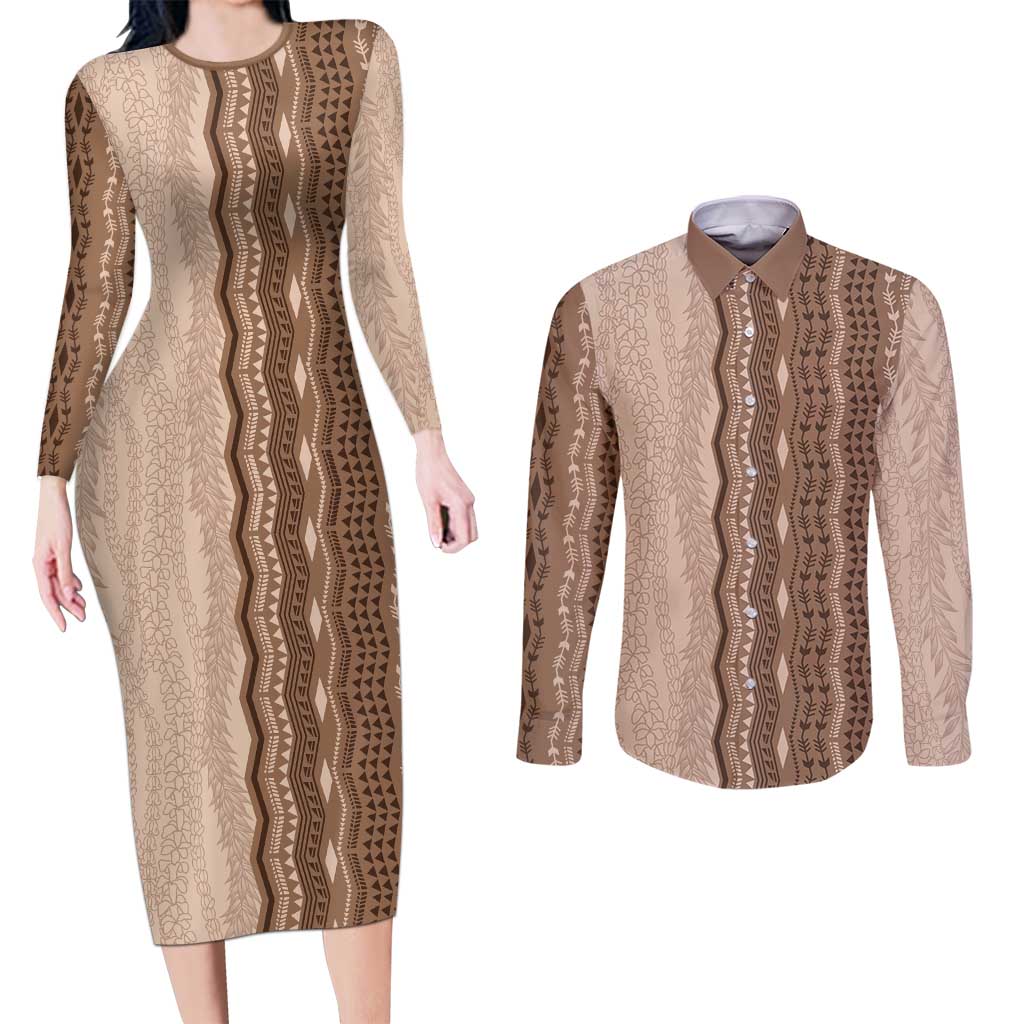 Vintage Beige Hawaiian Traditional Kapa Mix Flowers Lei Couples Matching Long Sleeve Bodycon Dress and Long Sleeve Button Shirt LT7 Beige - Polynesian Pride