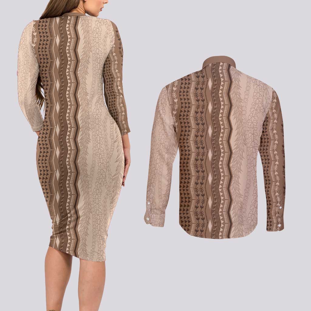 Vintage Beige Hawaiian Traditional Kapa Mix Flowers Lei Couples Matching Long Sleeve Bodycon Dress and Long Sleeve Button Shirt LT7 - Polynesian Pride