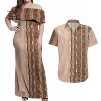 Vintage Beige Hawaiian Traditional Kapa Mix Flowers Lei Couples Matching Off Shoulder Maxi Dress and Hawaiian Shirt LT7 Beige - Polynesian Pride