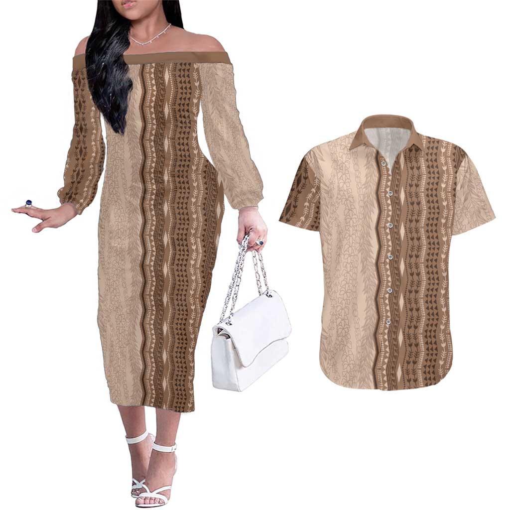 Vintage Beige Hawaiian Traditional Kapa Mix Flowers Lei Couples Matching Off The Shoulder Long Sleeve Dress and Hawaiian Shirt LT7 Beige - Polynesian Pride