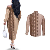 Vintage Beige Hawaiian Traditional Kapa Mix Flowers Lei Couples Matching Off The Shoulder Long Sleeve Dress and Long Sleeve Button Shirt LT7 - Polynesian Pride