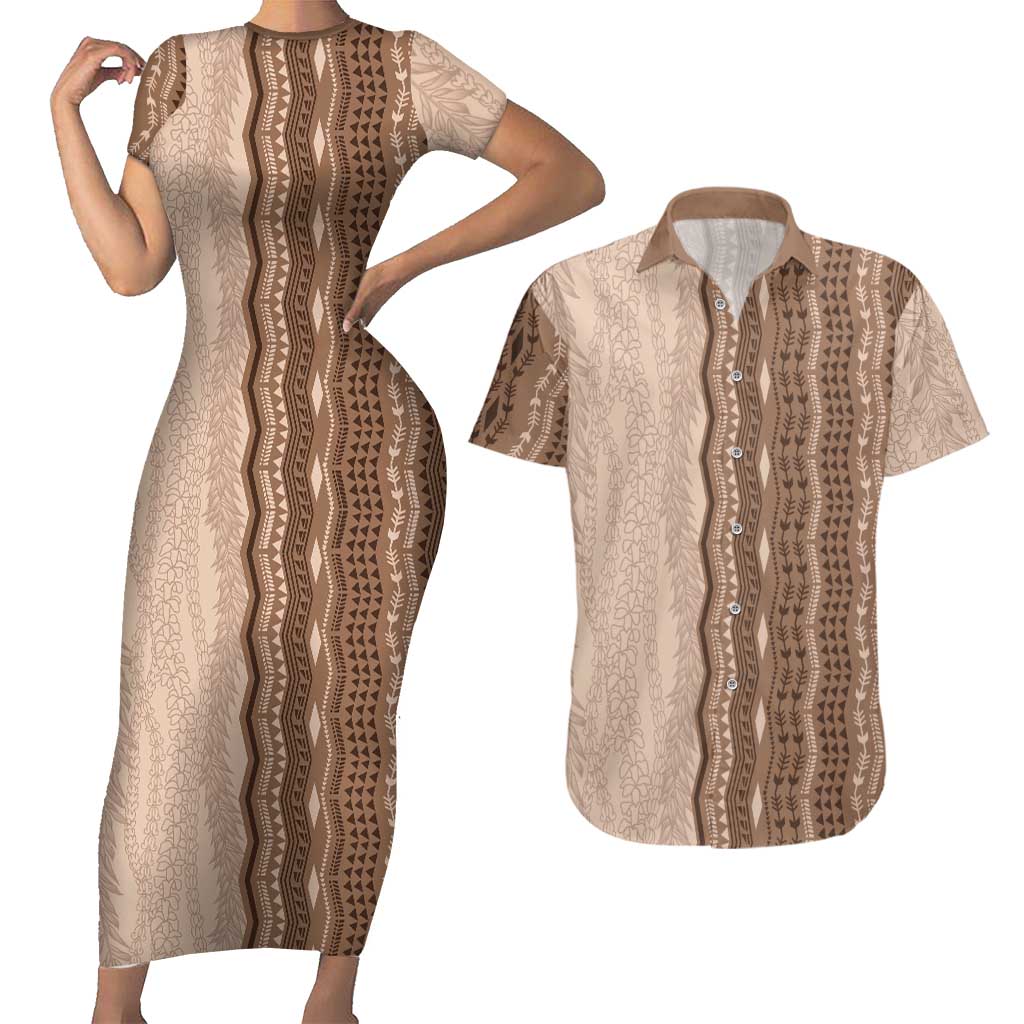 Vintage Beige Hawaiian Traditional Kapa Mix Flowers Lei Couples Matching Short Sleeve Bodycon Dress and Hawaiian Shirt LT7 Beige - Polynesian Pride