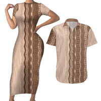 Vintage Beige Hawaiian Traditional Kapa Mix Flowers Lei Couples Matching Short Sleeve Bodycon Dress and Hawaiian Shirt LT7 Beige - Polynesian Pride