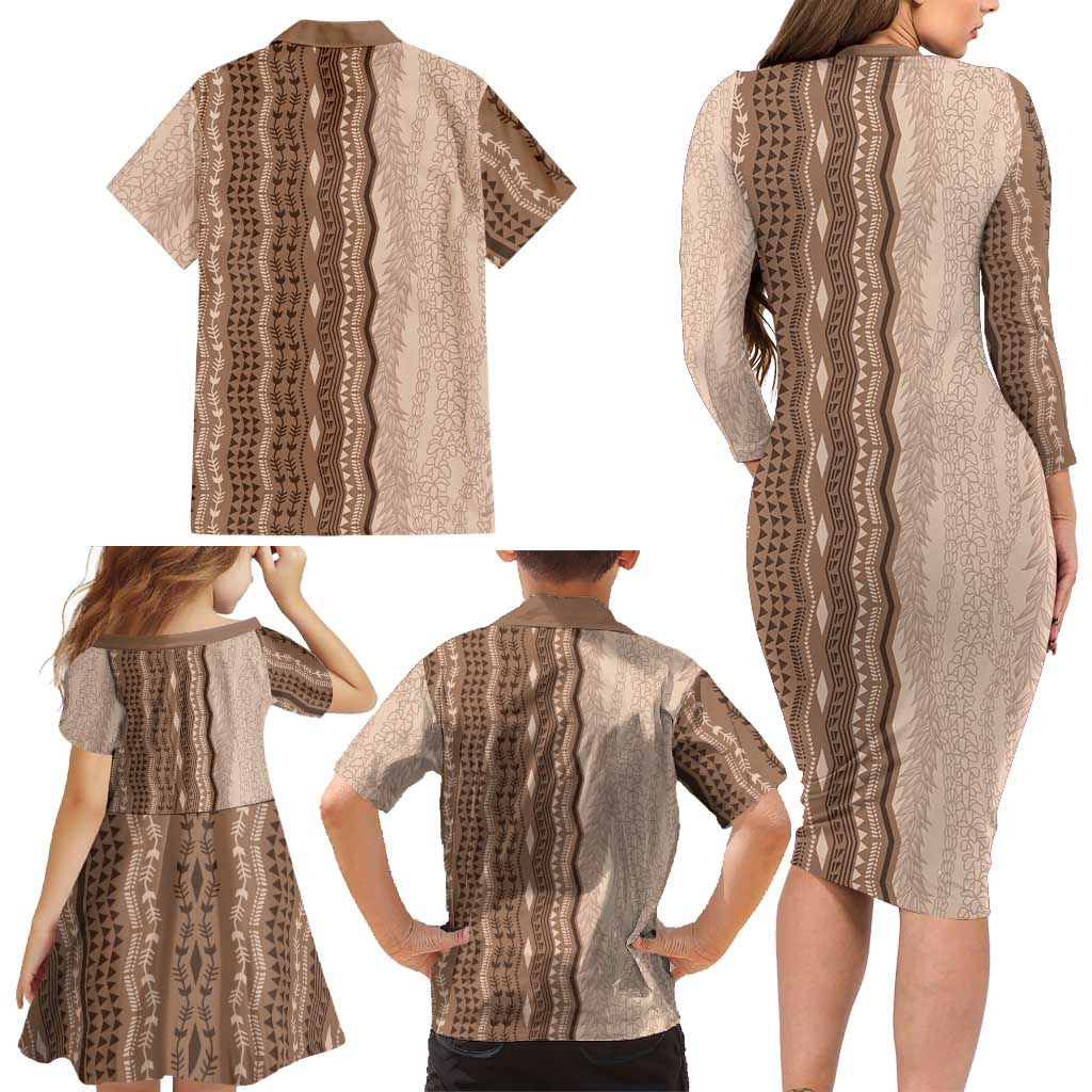 Vintage Beige Hawaiian Traditional Kapa Mix Flowers Lei Family Matching Long Sleeve Bodycon Dress and Hawaiian Shirt LT7 - Polynesian Pride