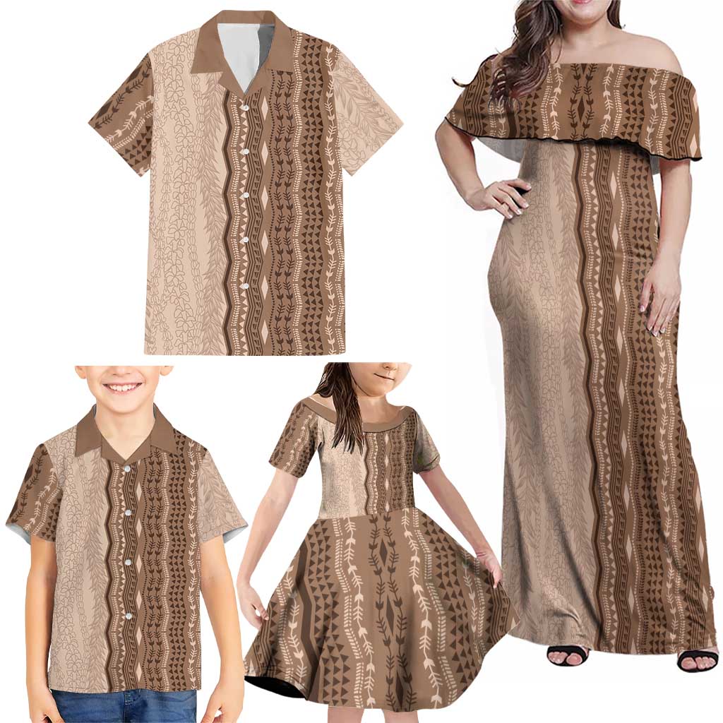 Vintage Beige Hawaiian Traditional Kapa Mix Flowers Lei Family Matching Off Shoulder Maxi Dress and Hawaiian Shirt LT7 - Polynesian Pride