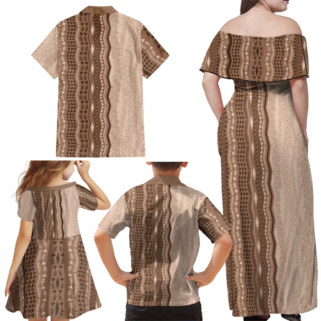 Vintage Beige Hawaiian Traditional Kapa Mix Flowers Lei Family Matching Off Shoulder Maxi Dress and Hawaiian Shirt LT7 - Polynesian Pride