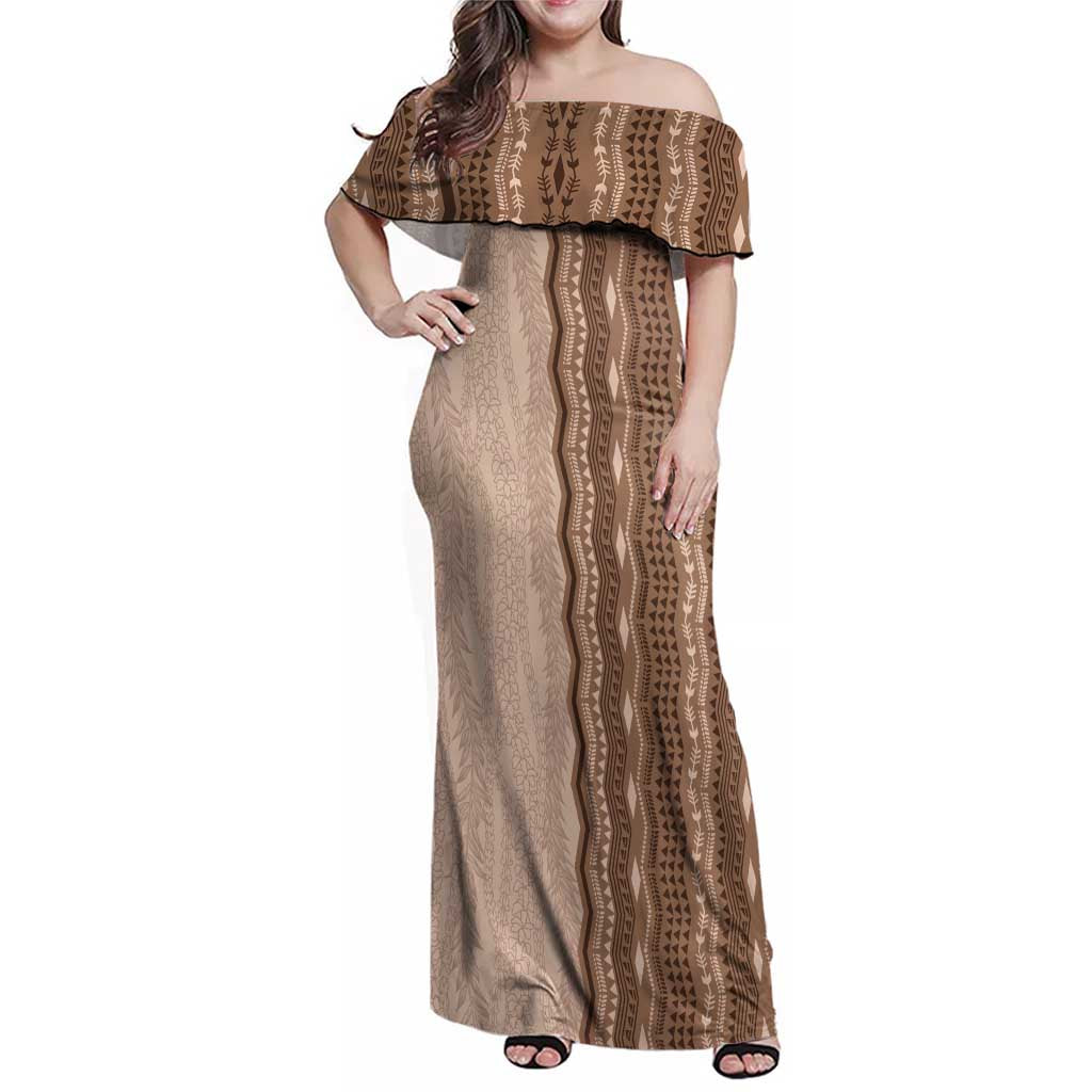 Vintage Beige Hawaiian Traditional Kapa Mix Flowers Lei Family Matching Off Shoulder Maxi Dress and Hawaiian Shirt LT7 Mom's Dress Beige - Polynesian Pride