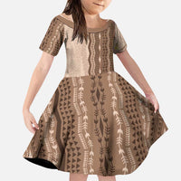 Vintage Beige Hawaiian Traditional Kapa Mix Flowers Lei Family Matching Off Shoulder Short Dress and Hawaiian Shirt LT7 Daughter's Dress Beige - Polynesian Pride
