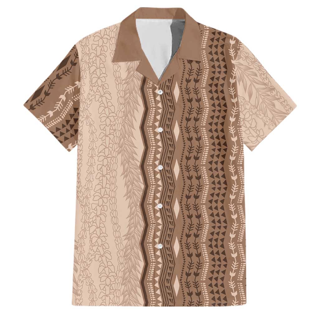 Vintage Beige Hawaiian Traditional Kapa Mix Flowers Lei Family Matching Off Shoulder Short Dress and Hawaiian Shirt LT7 Dad's Shirt - Short Sleeve Beige - Polynesian Pride