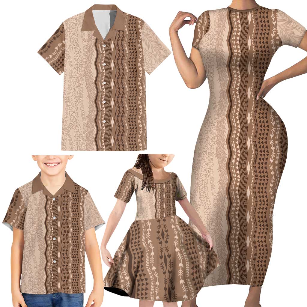 Vintage Beige Hawaiian Traditional Kapa Mix Flowers Lei Family Matching Short Sleeve Bodycon Dress and Hawaiian Shirt LT7 - Polynesian Pride
