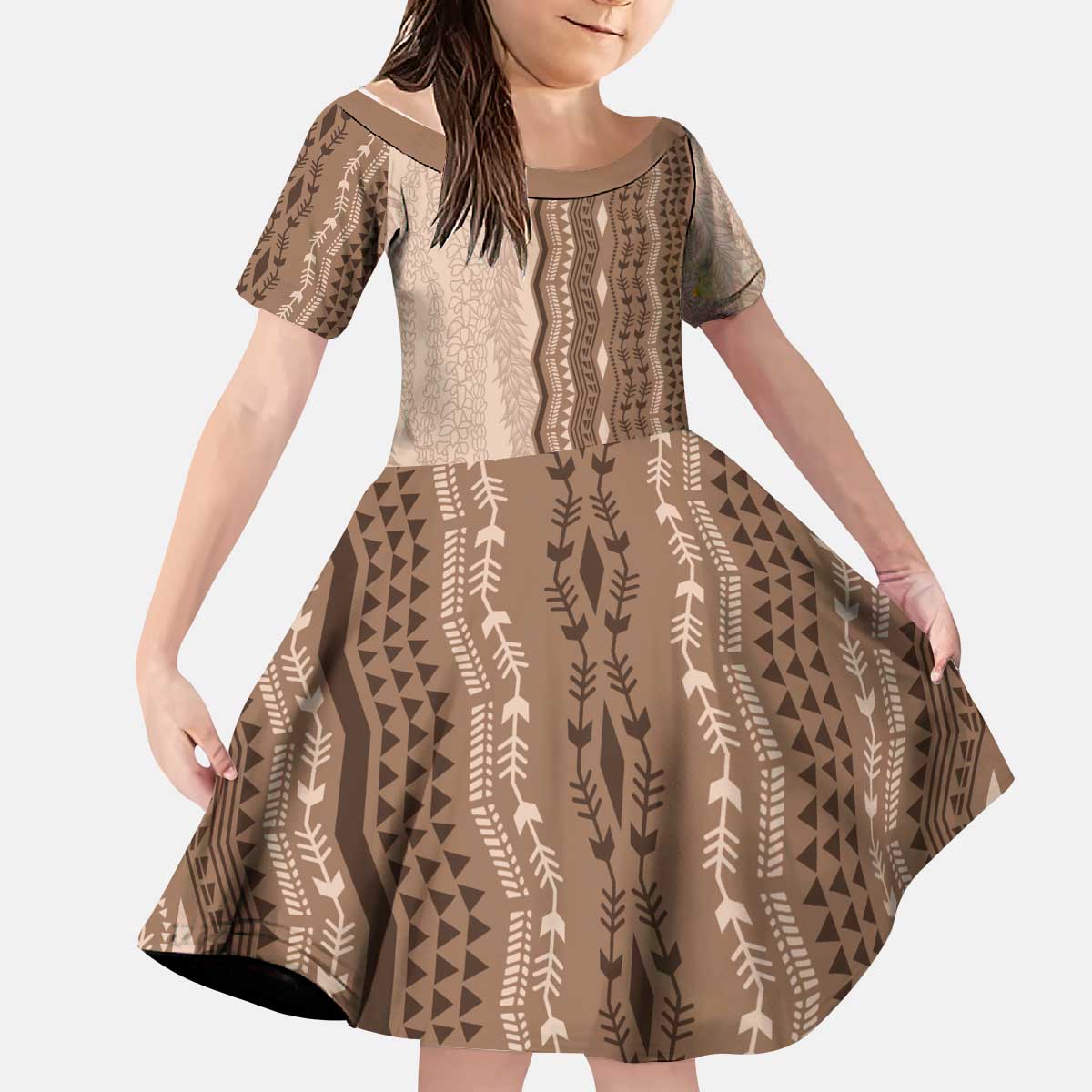 Vintage Beige Hawaiian Traditional Kapa Mix Flowers Lei Kid Short Sleeve Dress