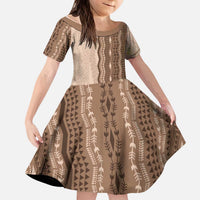Vintage Beige Hawaiian Traditional Kapa Mix Flowers Lei Kid Short Sleeve Dress