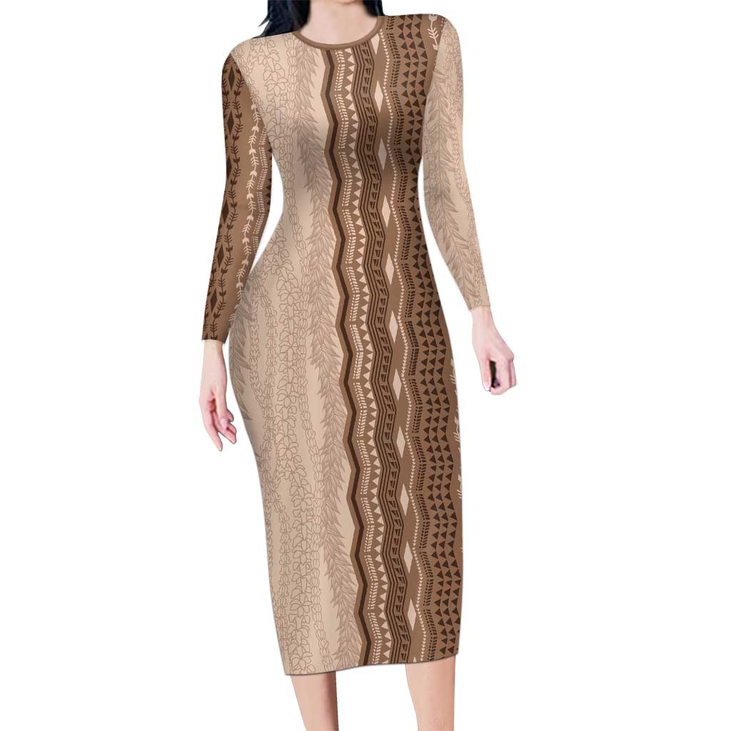 Vintage Beige Hawaiian Traditional Kapa Mix Flowers Lei Long Sleeve Bodycon Dress