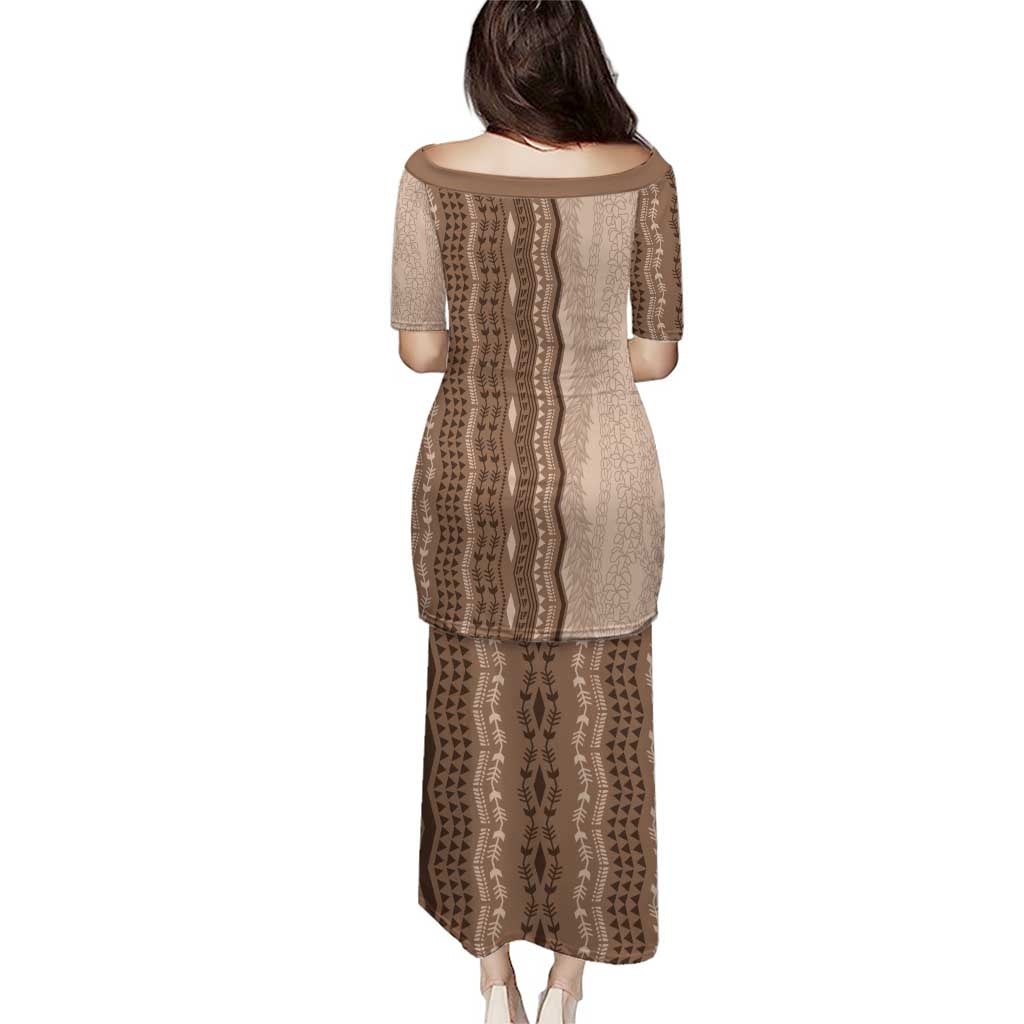 Vintage Beige Hawaiian Traditional Kapa Mix Flowers Lei Puletasi