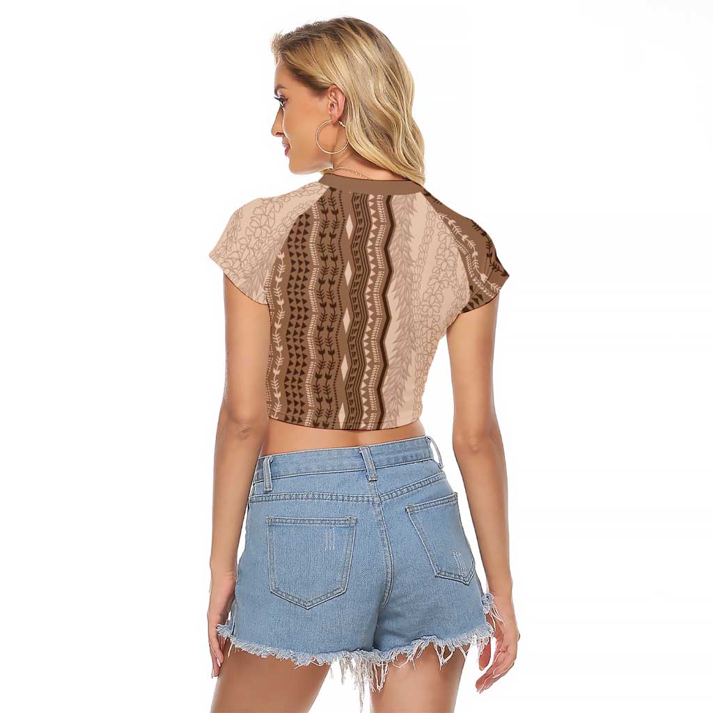 Vintage Beige Hawaiian Traditional Kapa Mix Flowers Lei Raglan Cropped T Shirt