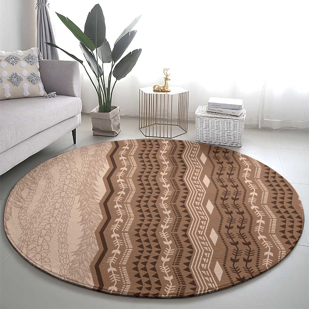 Vintage Beige Hawaiian Traditional Kapa Mix Flowers Lei Round Carpet