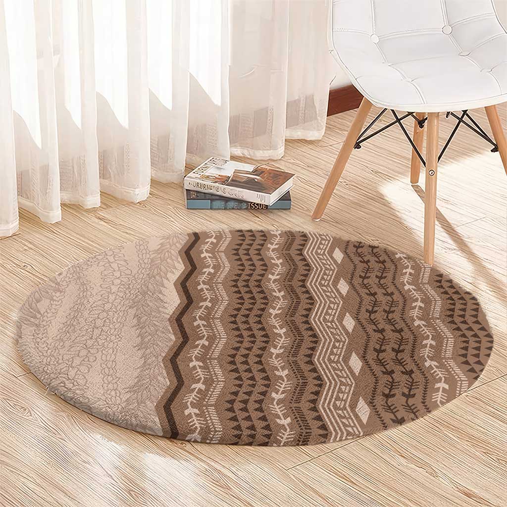 Vintage Beige Hawaiian Traditional Kapa Mix Flowers Lei Round Carpet