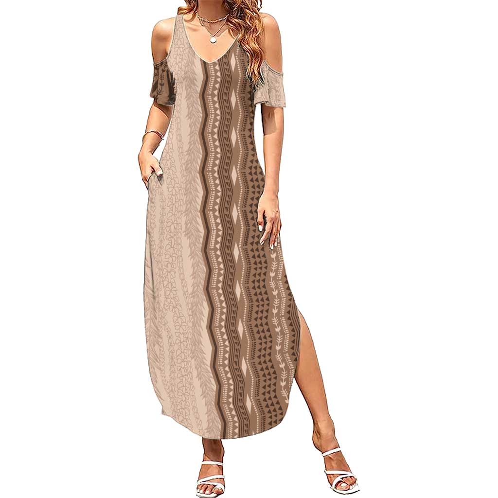 Vintage Beige Hawaiian Traditional Kapa Mix Flowers Lei Summer Maxi Dress