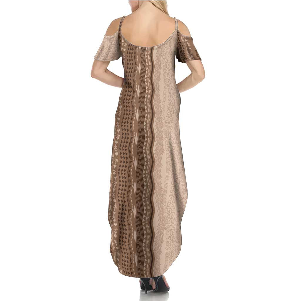 Vintage Beige Hawaiian Traditional Kapa Mix Flowers Lei Summer Maxi Dress