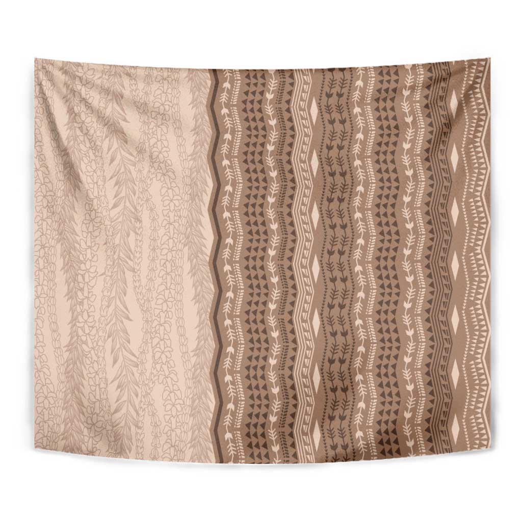 Vintage Beige Hawaiian Traditional Kapa Mix Flowers Lei Tapestry
