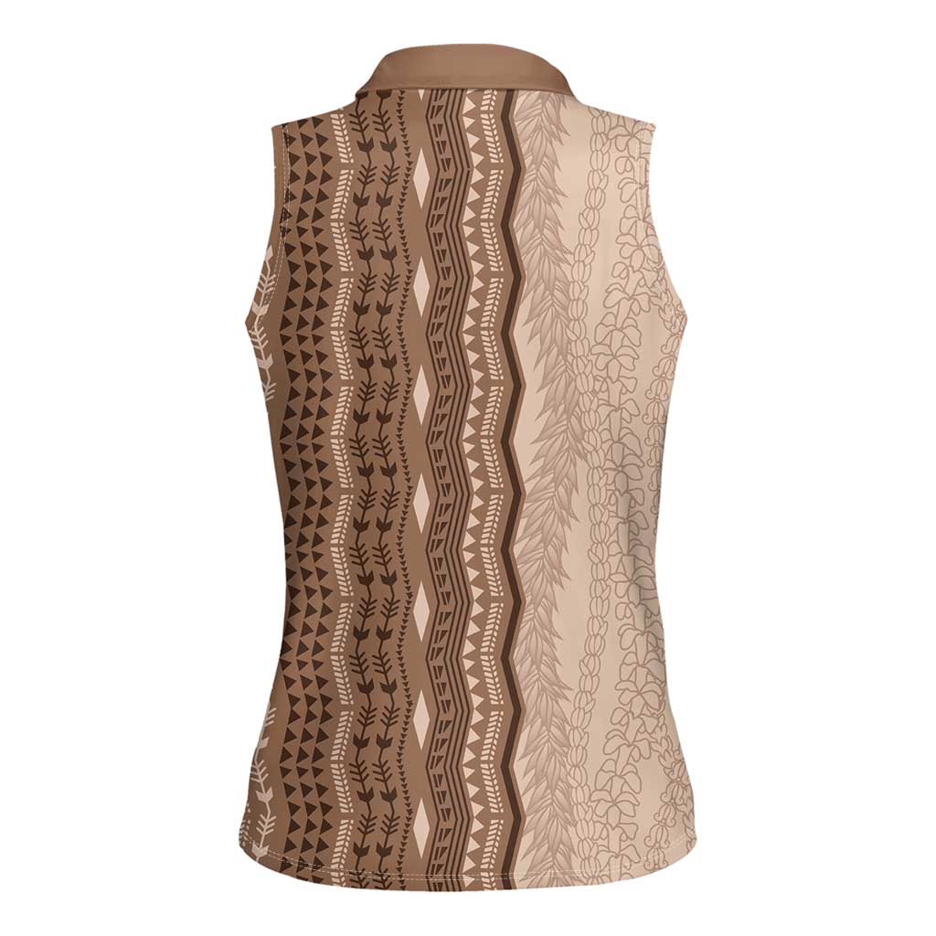 Vintage Beige Hawaiian Traditional Kapa Mix Flowers Lei Women Sleeveless Polo Shirt LT7 - Polynesian Pride
