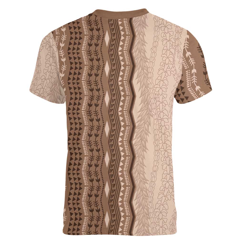 Vintage Beige Hawaiian Traditional Kapa Mix Flowers Lei Women V-Neck T-Shirt LT7 - Polynesian Pride