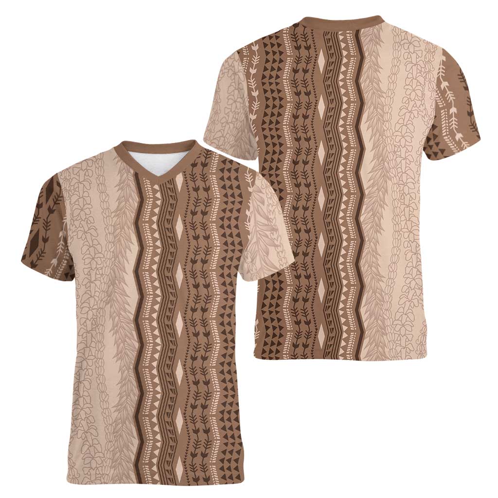 Vintage Beige Hawaiian Traditional Kapa Mix Flowers Lei Women V-Neck T-Shirt LT7 - Polynesian Pride