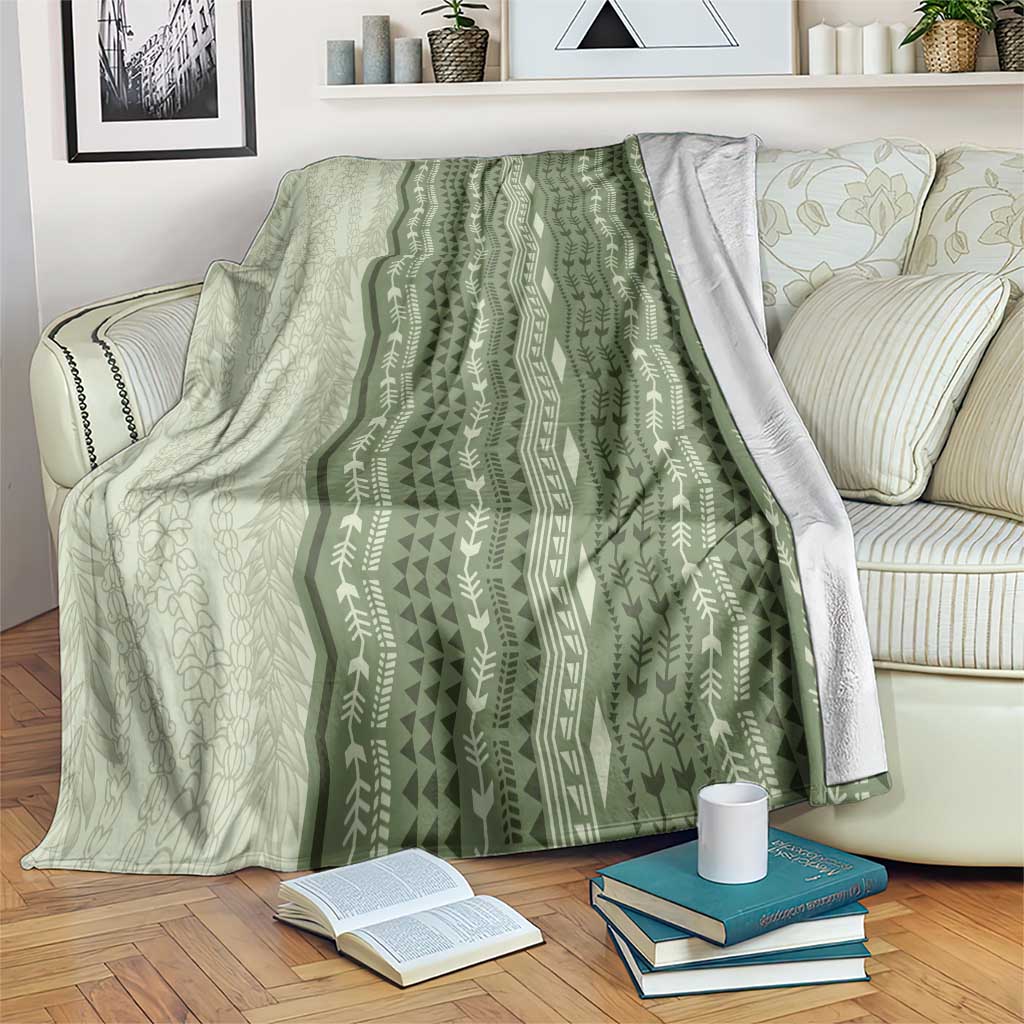Vintage Sage Green Hawaiian Traditional Kapa Mix Flowers Lei Blanket