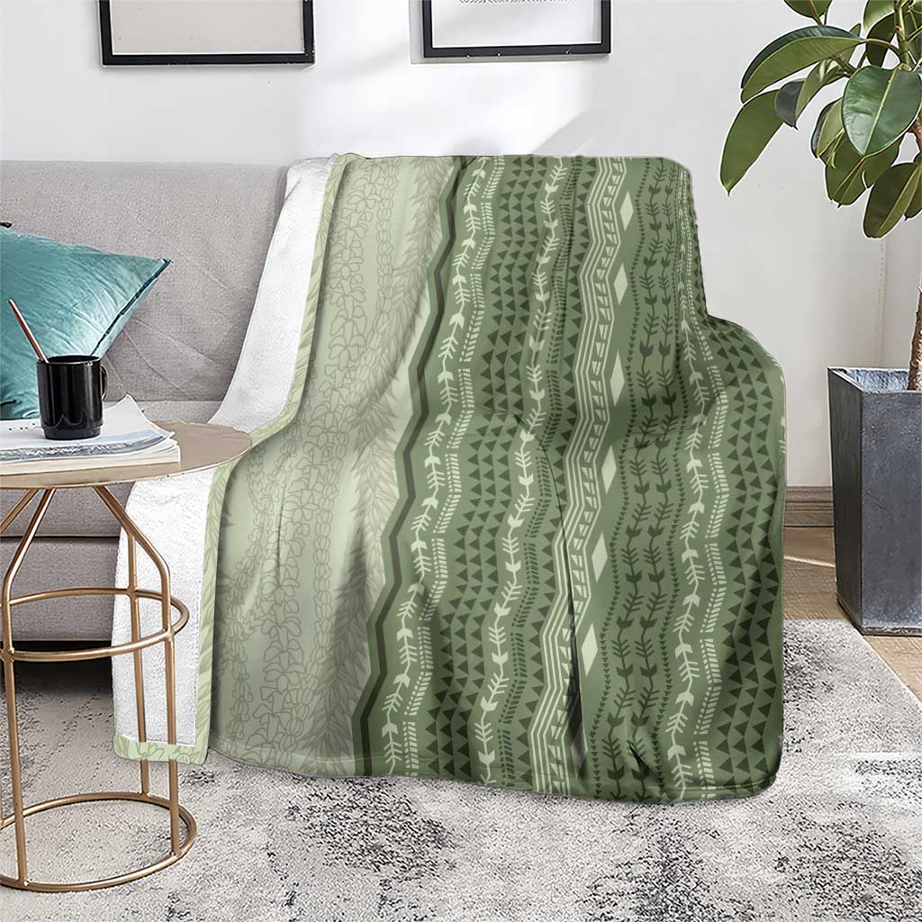 Vintage Sage Green Hawaiian Traditional Kapa Mix Flowers Lei Blanket