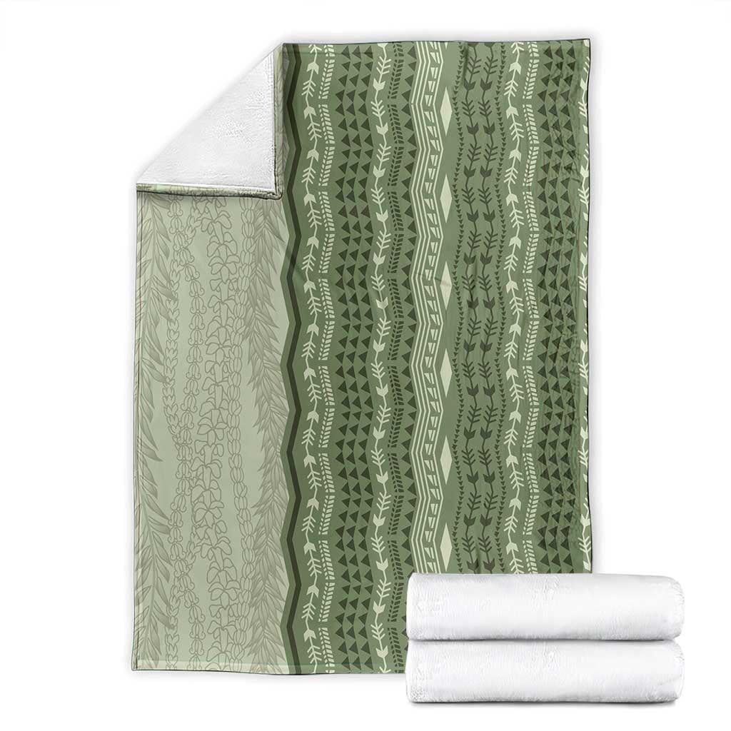 Vintage Sage Green Hawaiian Traditional Kapa Mix Flowers Lei Blanket