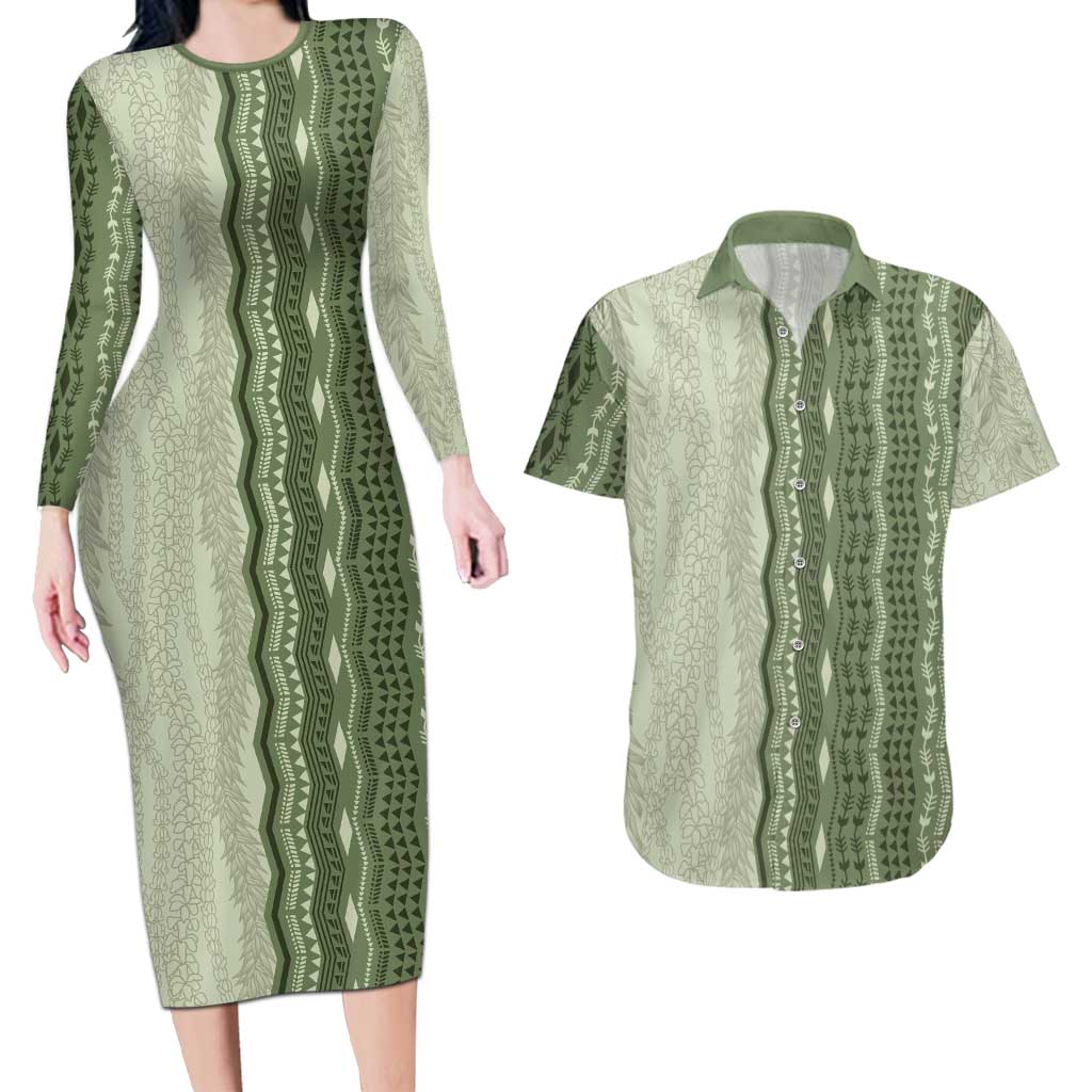 Vintage Sage Green Hawaiian Traditional Kapa Mix Flowers Lei Couples Matching Long Sleeve Bodycon Dress and Hawaiian Shirt